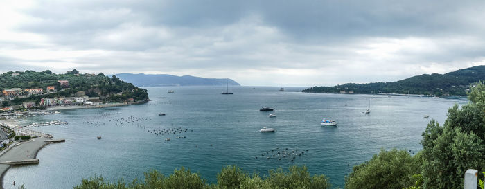 High angle view of bay against sky