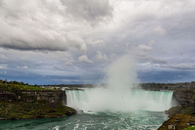 View of waterfall against cloudy sky