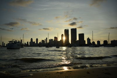 City at waterfront during sunset
