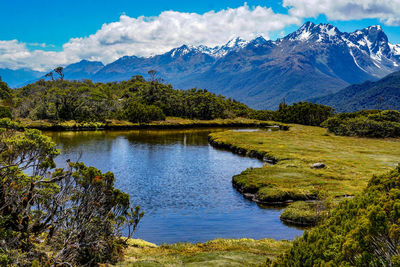 Scenic view of lake and mountains against sky