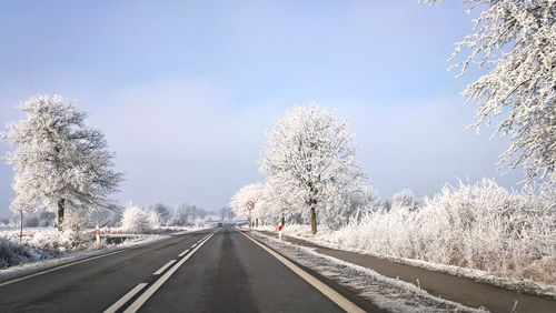 Road amidst trees against clear sky during winter