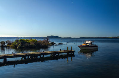 Scenic view of sea against clear blue sky