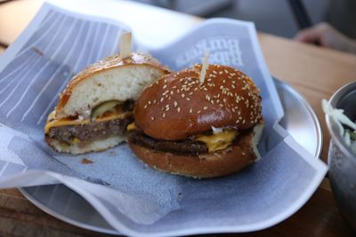 Close-up of burger in plate on table