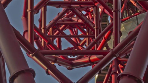 Low angle view of red metal structure