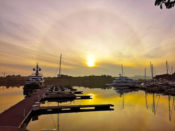 View of marina at sunset