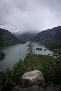 Scenic view of lake by mountains against sky