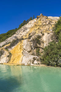 Scenic view of mountain against clear blue sky