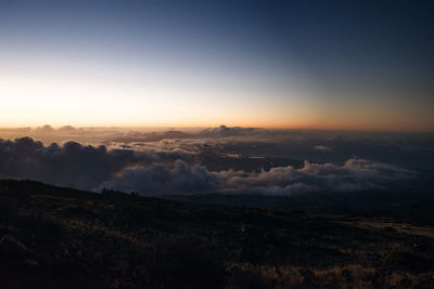 Scenic view of mountains against clear sky during sunset