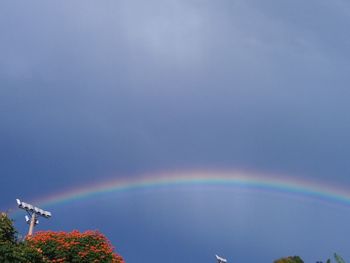 Low angle view of rainbow against blue sky