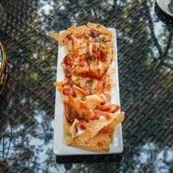 High angle view of pizza on table