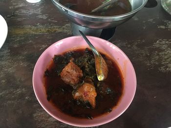 High angle view of soup in bowl on table