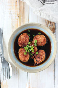 High angle view of food in bowl on table