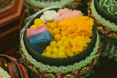 High angle view of multi colored candies in basket