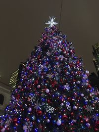 Low angle view of illuminated christmas tree