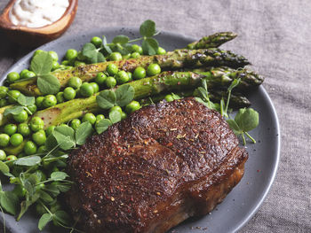 High angle view of food in plate