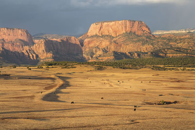 Rock formations on landscape against sky