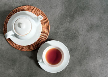 High angle view of tea cup on table