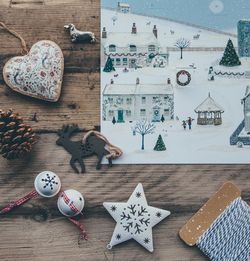 Directly above shot of christmas decorations on table