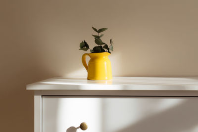 Yellow ceramic vase with eucalyptus branches, on table in interior with beige wall near window