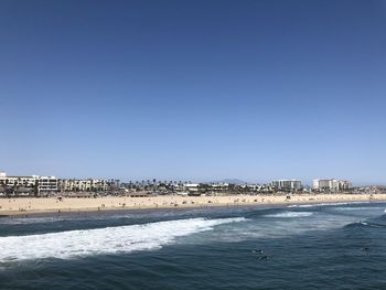 Scenic view of sea against clear blue sky