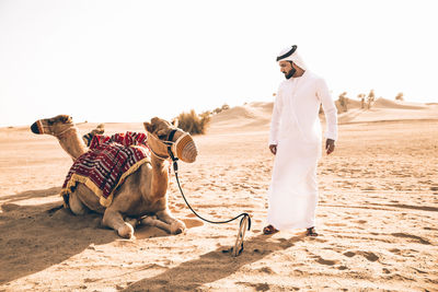 Horses on sand against clear sky