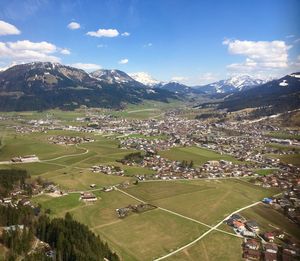 High angle view of field against sky