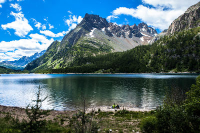 Scenic view of lake against cloudy sky