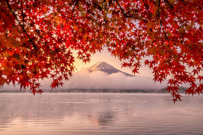 Scenic view of lake against sky during sunset