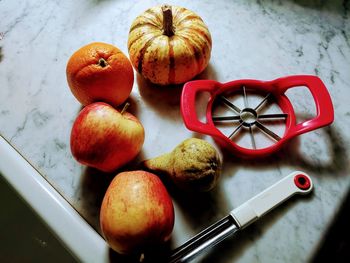 High angle view of apples on table