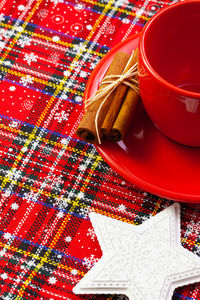 High angle view of coffee cup on table