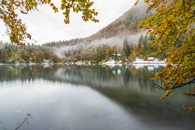 Scenic view of lake against sky during autumn