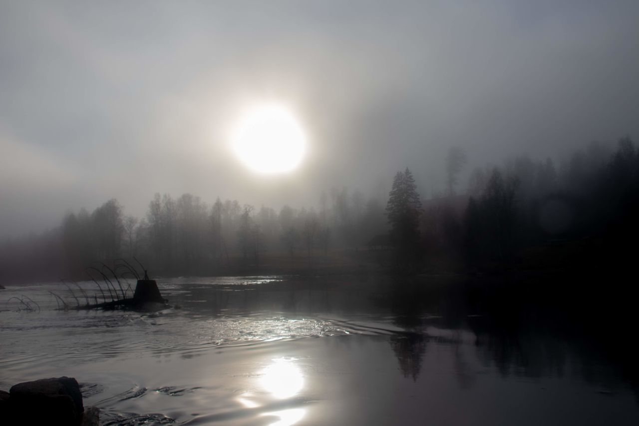 SCENIC VIEW OF LAKE AGAINST BRIGHT SUN