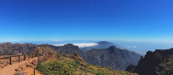 Panoramic view of mountains against clear blue sky