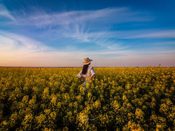 Scenic view of flowering plants on field against sky