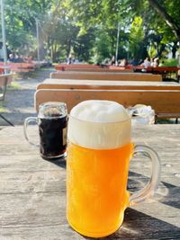 Close-up of beer glass on table