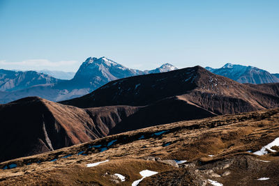 Scenic view of snowcapped mountains against sky in amatrice, lazio italy 