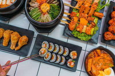 High angle view of sushi in plate on table