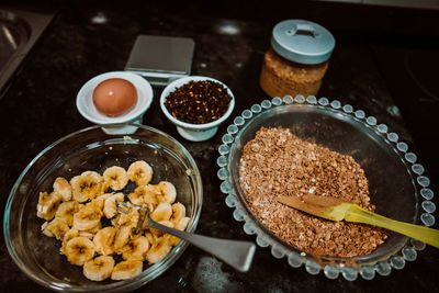 High angle view of breakfast on table