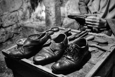 High angle view of various shoes on table