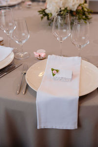 Wine glasses on table in restaurant