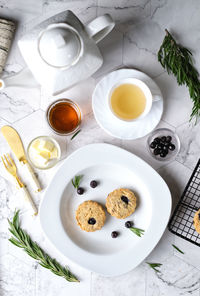 High angle view of breakfast served on table