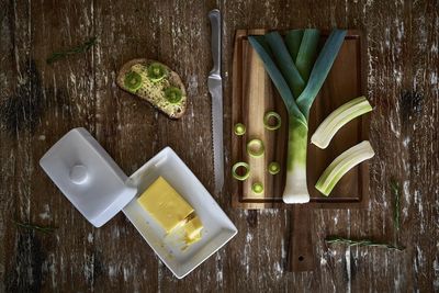 High angle view of breakfast on table