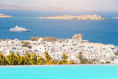 Scenic view of sea by buildings against sky