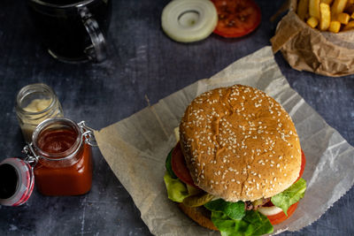 High angle view of food on table