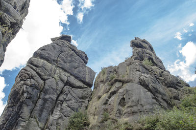 Low angle view of rock formations against sky