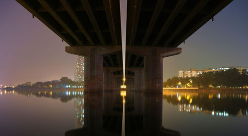 Bridge over river in city at night