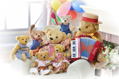 Close-up of stuffed toys at home