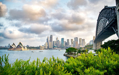 View of modern buildings by river against cloudy sky