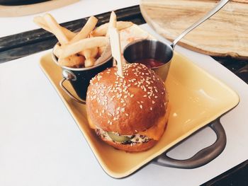 High angle view of food in tray on table