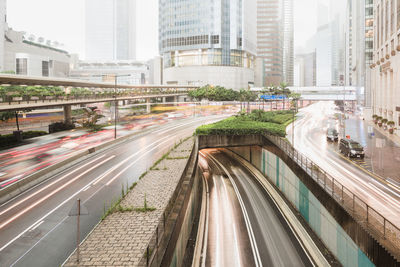 High angle view of light trails on multiple lane highway